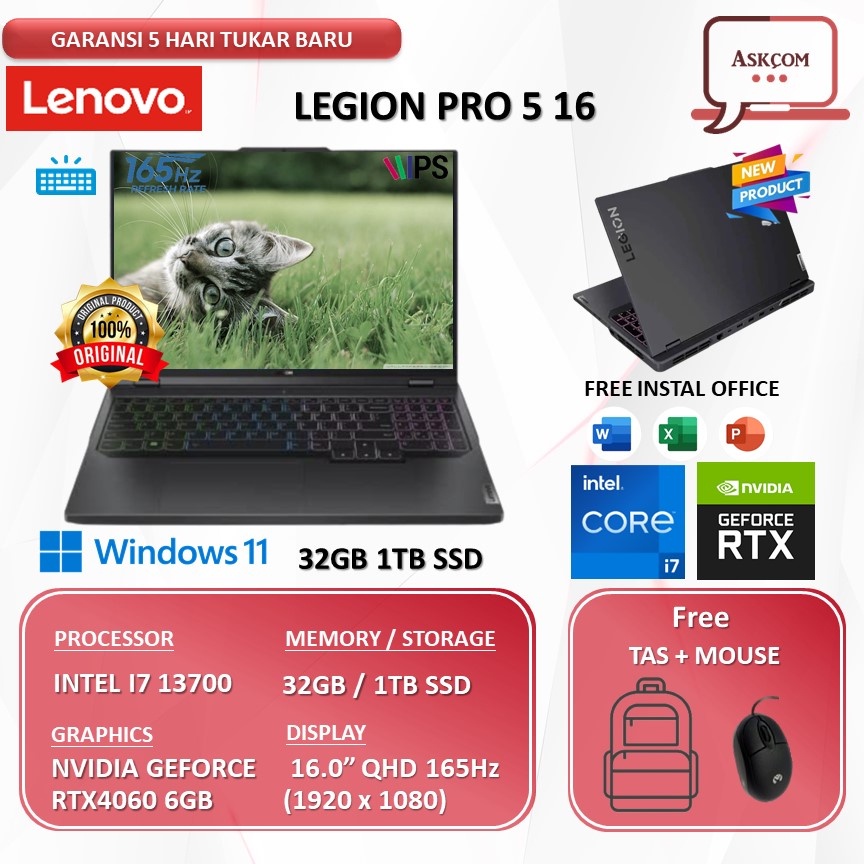 Laptop Gaming Lenovo Legion Pro 5 16 I7 13700 RTX4060 8GB 32GB 1TB SSD W11 16.0QHD IPS 165HZ