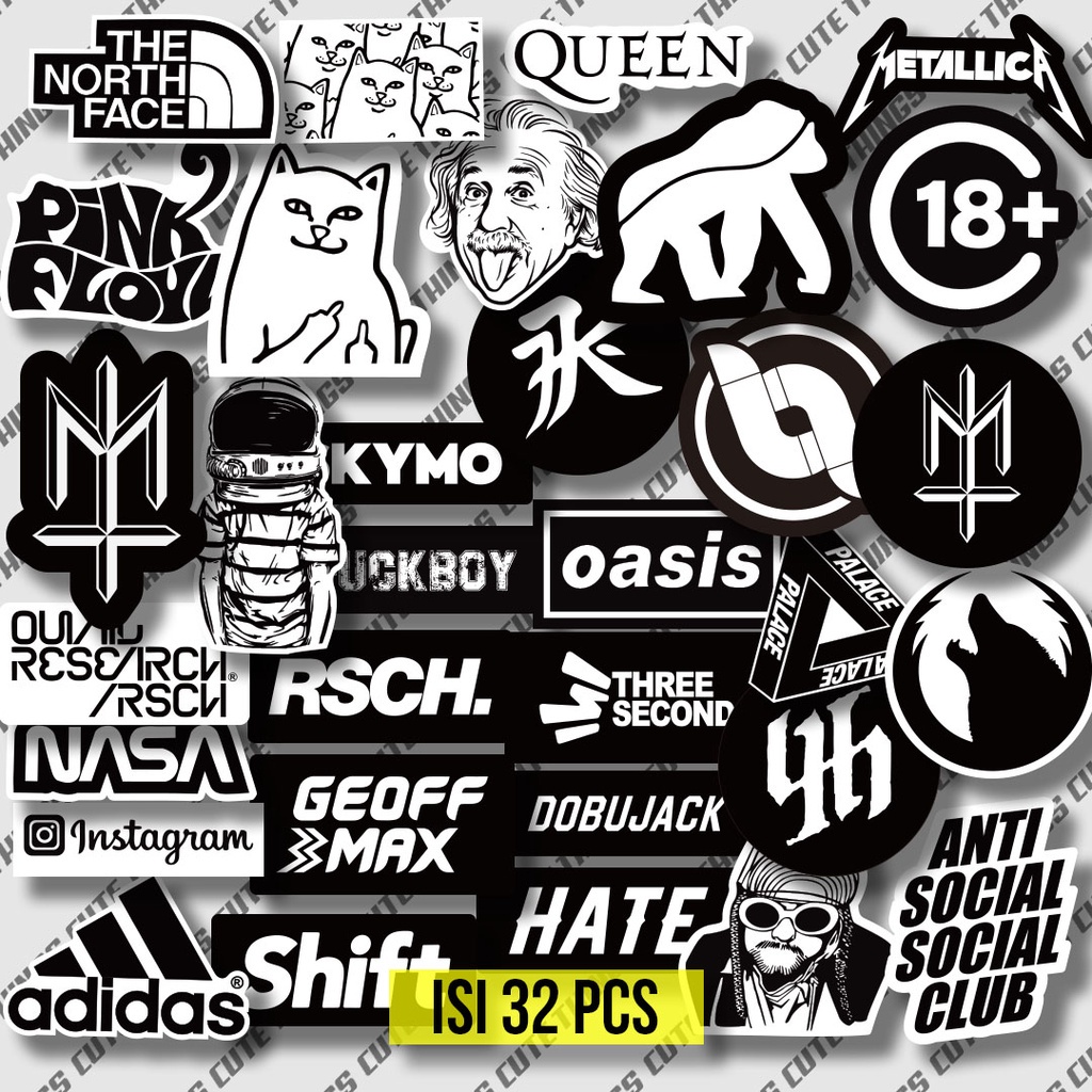 

32pcs Stiker pack musik brand local black white untuk hp laptop helm tumbler motor brand band hype