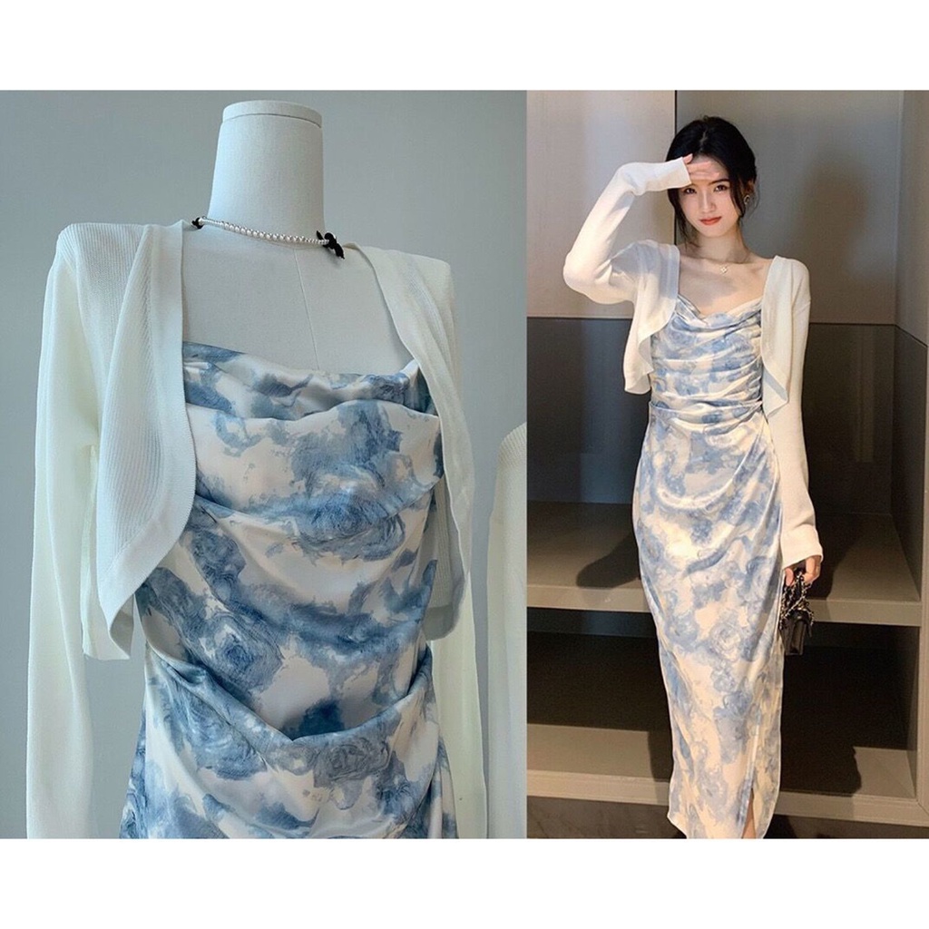 Dress Panjang Slip Motif Bunga Biru Korea