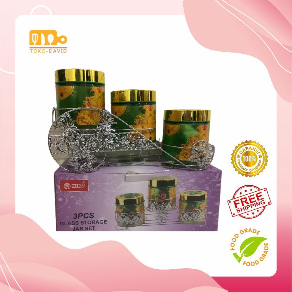 KB - Toples Kaca Set 3 in 1 + Rak Stainless Steel Motif Print | Toples Set Lebaran Mewah | Toples Le