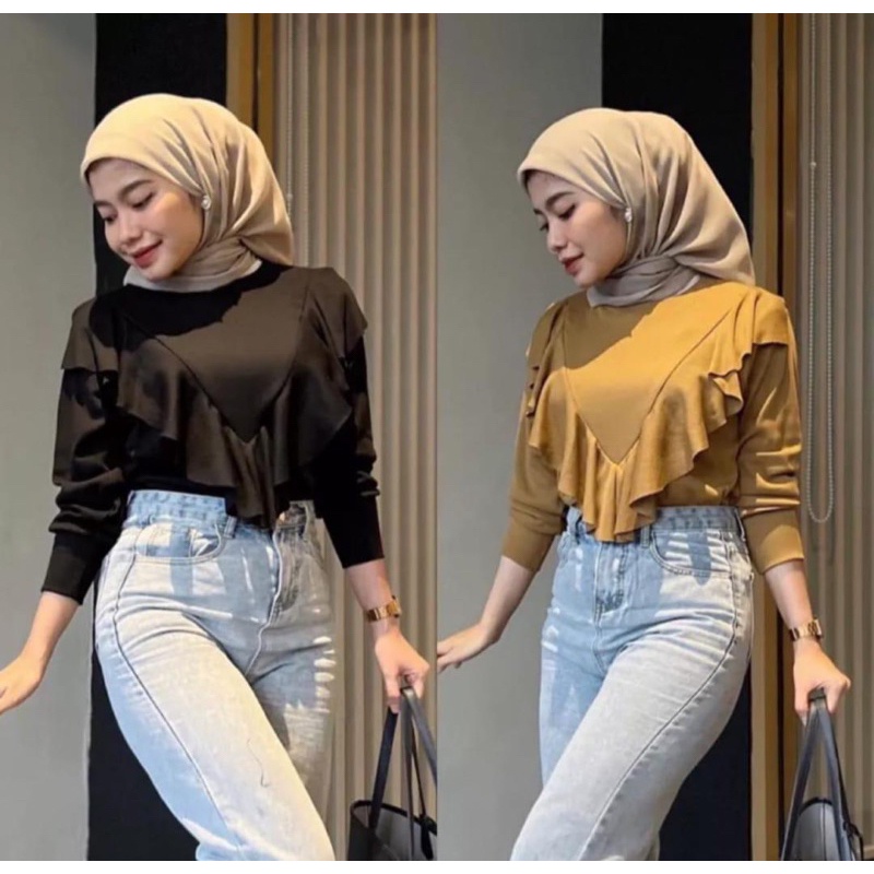 BAJU KAOS ATASAN WANITA KEKINIAN AZURA BLOUSE KNIT RIB RAJUT HALUS LAYER RUFFLE WANITA  RIB  VIRAL P