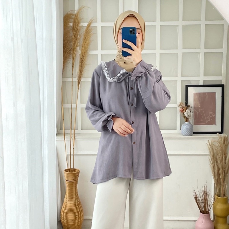 BAJU ATASAN WANITA TERBARU KEKINIAN BLOUSE RAYON CRINKLE 387  JUMBO KANCING BUSUI KERAH KERJA NGANTO
