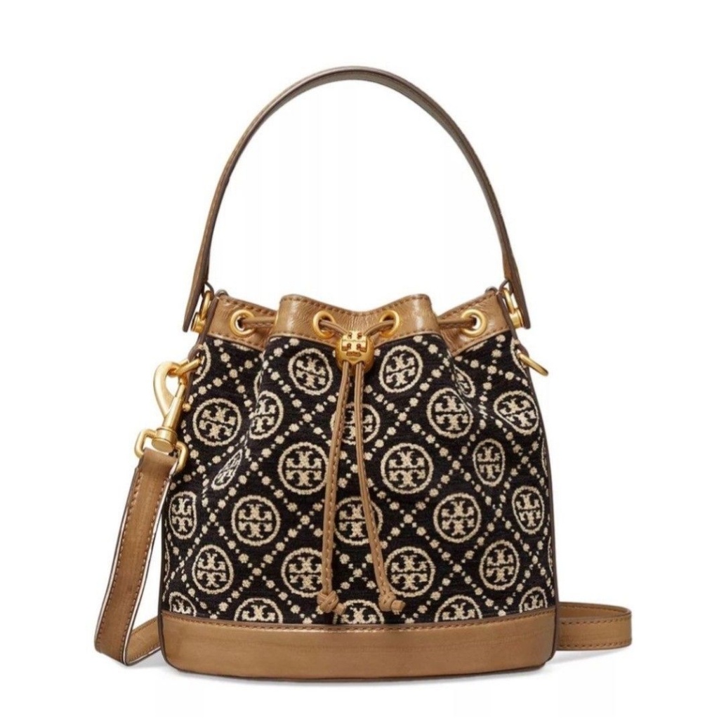 Tory Burch T Monogram Mini Chenille Bucket Bag Black / Cream 88780 Tas Vs