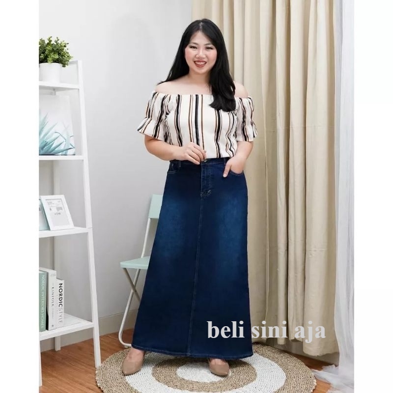 rok sepan jins panjang wanita - rok highwaist jumbo terbaru - rok jeans kancing tebal street bigsize