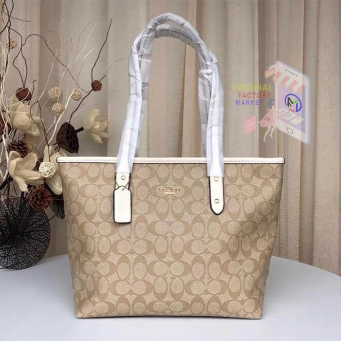 TAS C0ACH F58292 Tote City Zip Signature KHAKI Chalk White ORIGINAL  Bs