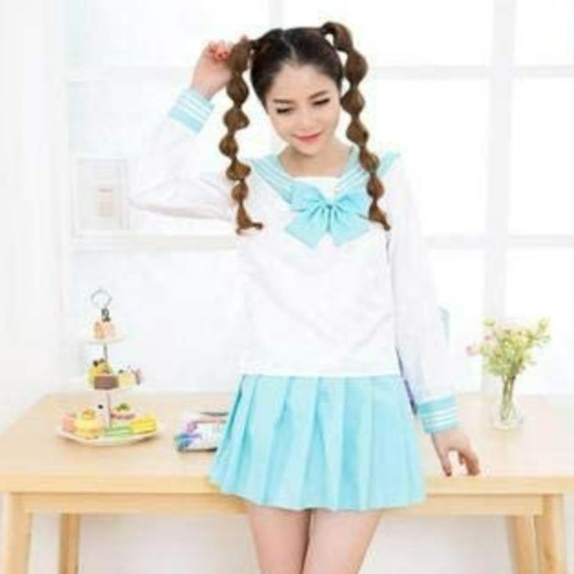 SEPA seragam sekolah jepang sailor seifuku lengan panjang cosplay - Biru Muda