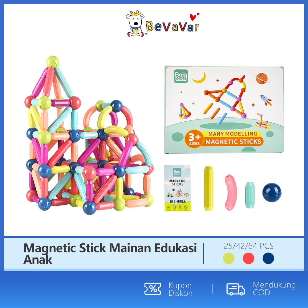 BEVAVAR 25/42/64 PCS Magnetic Stick Merakit Mainan / Magnetic Stick Block Mainan Edukasi Anak