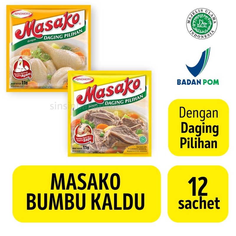 

Masako Kaldu Ayam / Kaldu Sapi Penyedap Rasa [ 9 gram x12 sachet / 1 renteng]