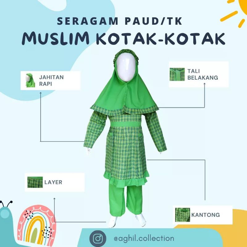 JN37SH SERAGAM TK/PAUD MUSLIM KOTAK-KOTAK BAJU TK/PAUD MUSLIM KOTAK-KOTAK HIJAU