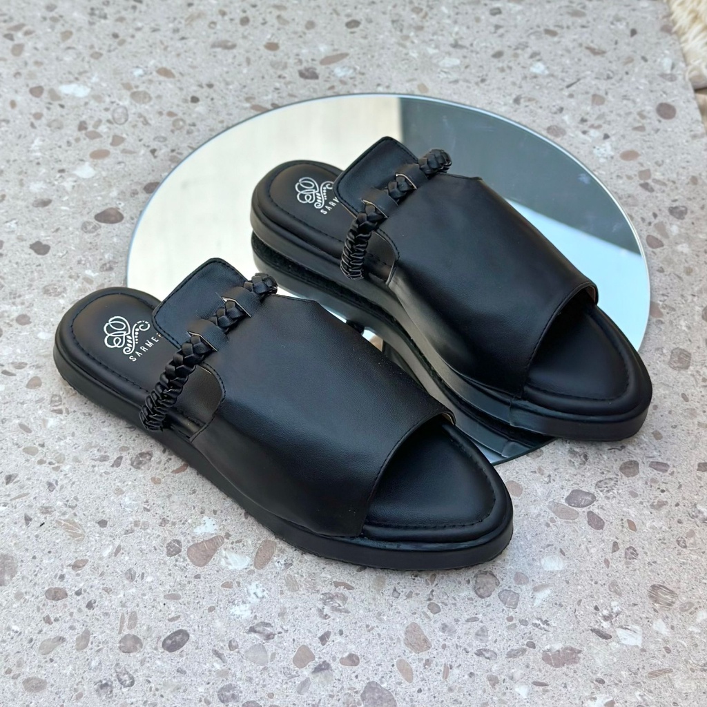 SEPATU SANDAL BEST SELLER TREND TERKINI /SARMER - ELOUSE FLAT SPON BLACK