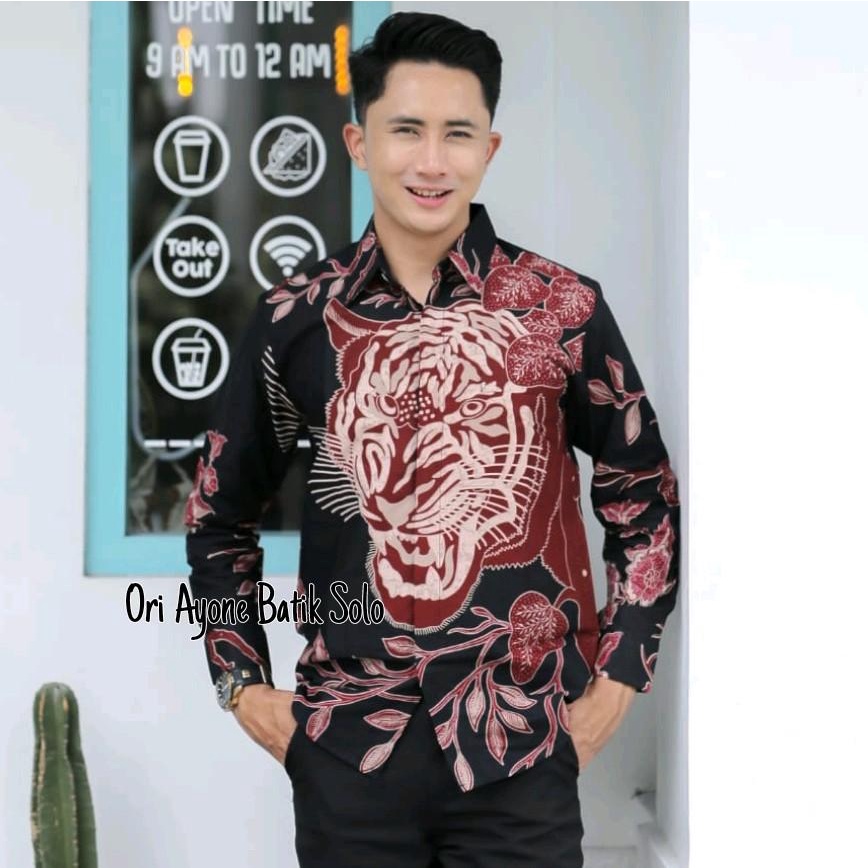 Kemeja batik HARIMAU SUMATRA terbaru Baju batik pria motif macan mewah warna merah lengan panjang ke