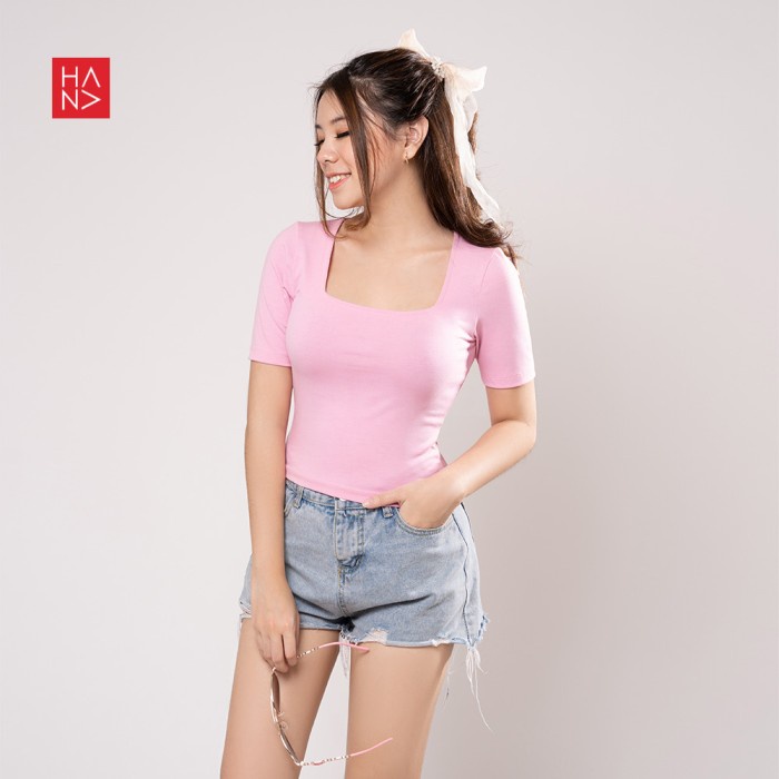HanaFashion - Martina Basic - Kaos T Shirt Crop Top Murah - TS177 - Baby Pink, 4XL