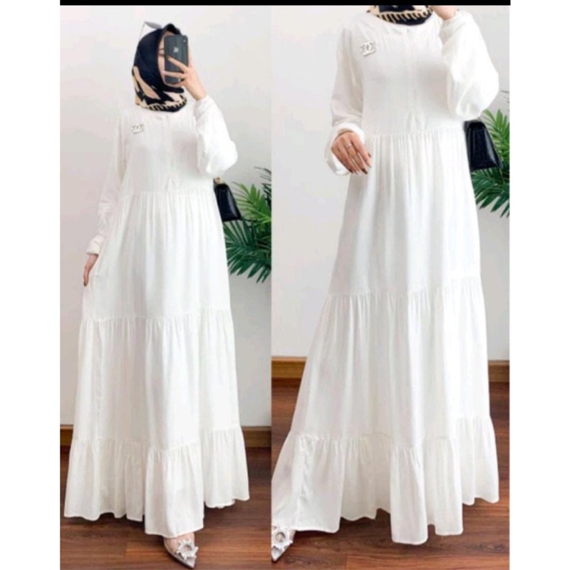 Gamis Putih Polos Rempel Susun Bahan Rayon Premium / Gamis Dewasa Terbaru