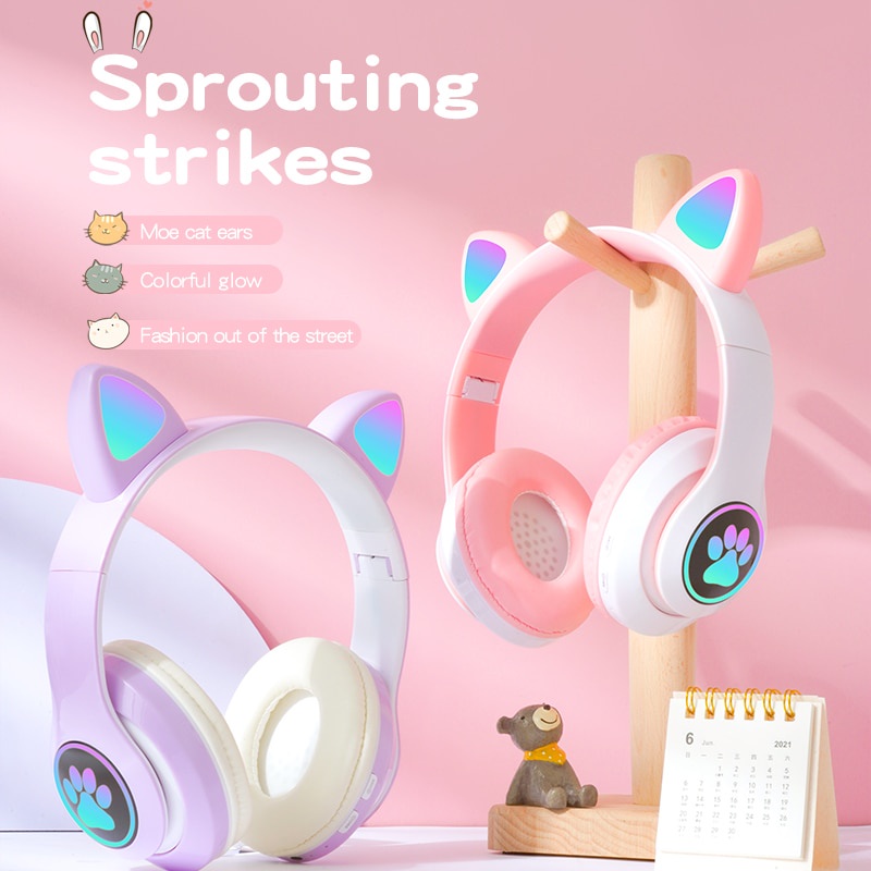 Headphone telinga kucing LED berkedip, headphone Bluetooth nirkabel dengan mikrofon Stereo musik Ear