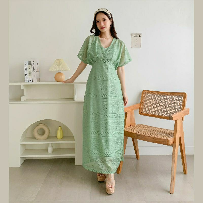 Dress wanita brokat terbaru 2023, dress safia bahan brokat corneli, model lengan panjang, motif bung