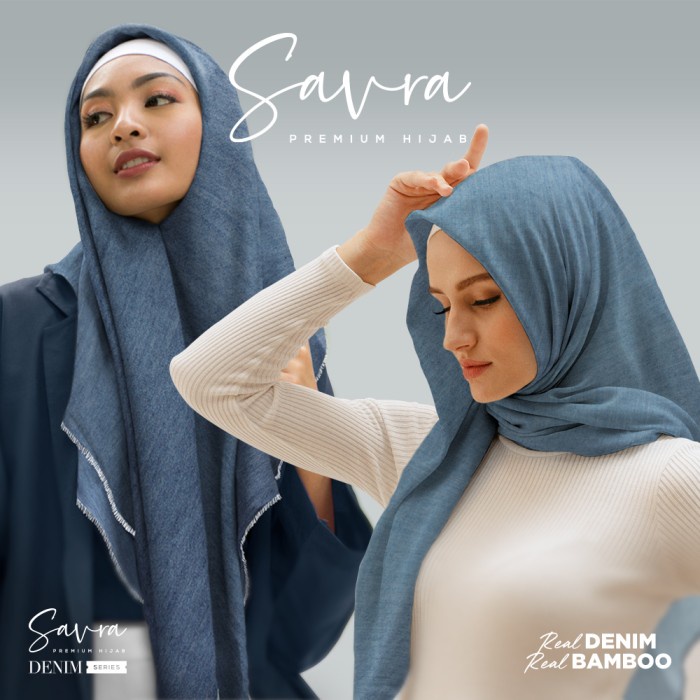 ✨LARIS✨ -Premium Adem BAMBOO Hijab Jilbab Kerudung DENIM Segi Empat Polos SAVRA - Ori Dark Blue