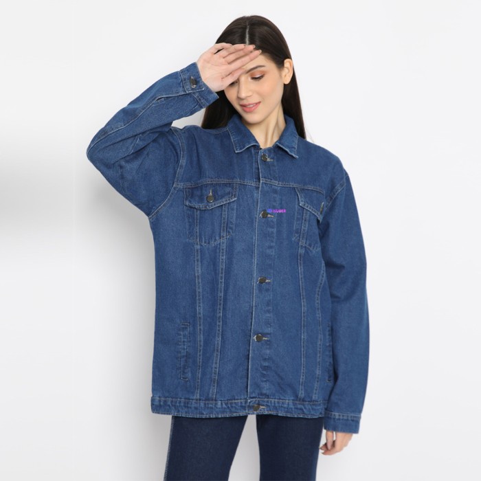 New Nuber Jaket Jeans Wanita Bahan Tebal One Size Navy Cream - Amber - all size