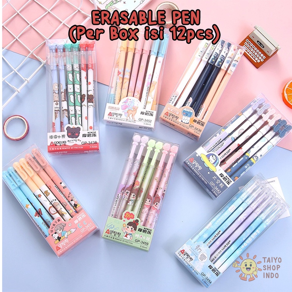 

TAIYO Erasable Pen Pack Premium Pulpen Gel Bisa Dihapus 12 pcs Karakter Lucu Motif Kartun