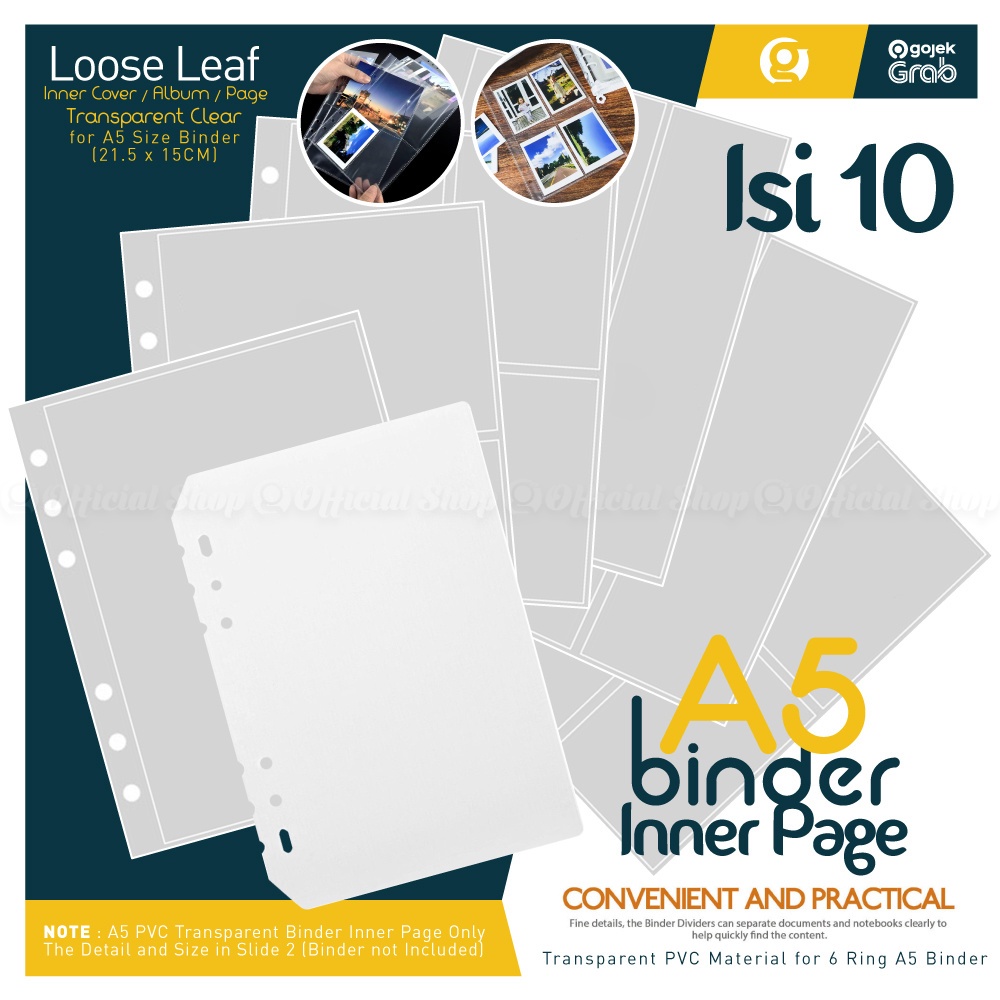 

Sleeve Pocket A5 (isi 10) for 6 Ring Album Binder Notebook Diary Photocard Idol KPOP Instax Foto Lomo (Card Holder Ukuran A 5)