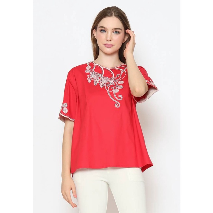 Voerin Blus Imlek Merah Bunga Bordir Leher