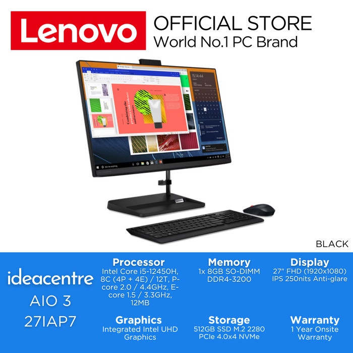 Lenovo IdeaCentre AIO 3 27IAP7 Core i5 Gen12 8GB 512GBSSD Win - BLACK - LNID