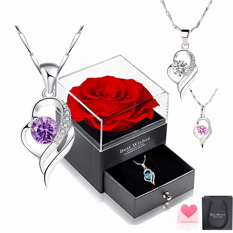 Kalung Titanium Wanita Berlian Cewek Asli 925 Sterling Silver Kalung berlian berbentuk hati Set Kecantikan Mistik Kotak Perhiasan Bunga  ​Hadiah Buatan Tangan Sempurna untuk