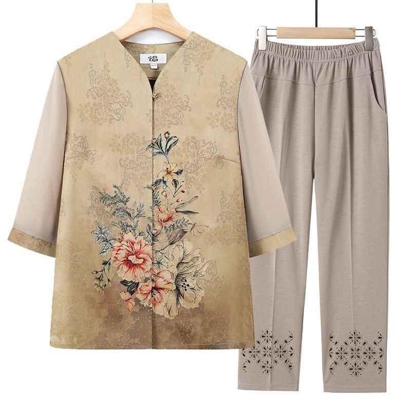 Gaun Ibu Setelan Musim Panas Kemeja Lengan Tiga Perempat Wanita Paruh Baya Dan Lanjut Usia Atasan Ne