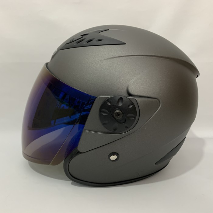 Helm Vision 2 Abu Abu Doff Polos Solid - Kaca Iridium Silver Rainbow - Vision Clear
