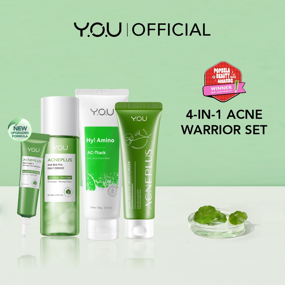 YOU Acneplus 4-in-1 Bundle | Exfoliating Toner, Acne Spot, Moisturizer, Hy Amino Anti Acne Facial Wash | Serum Jerawat Obat Totol Jerawat Paket Skincare | Aa Kosmetik