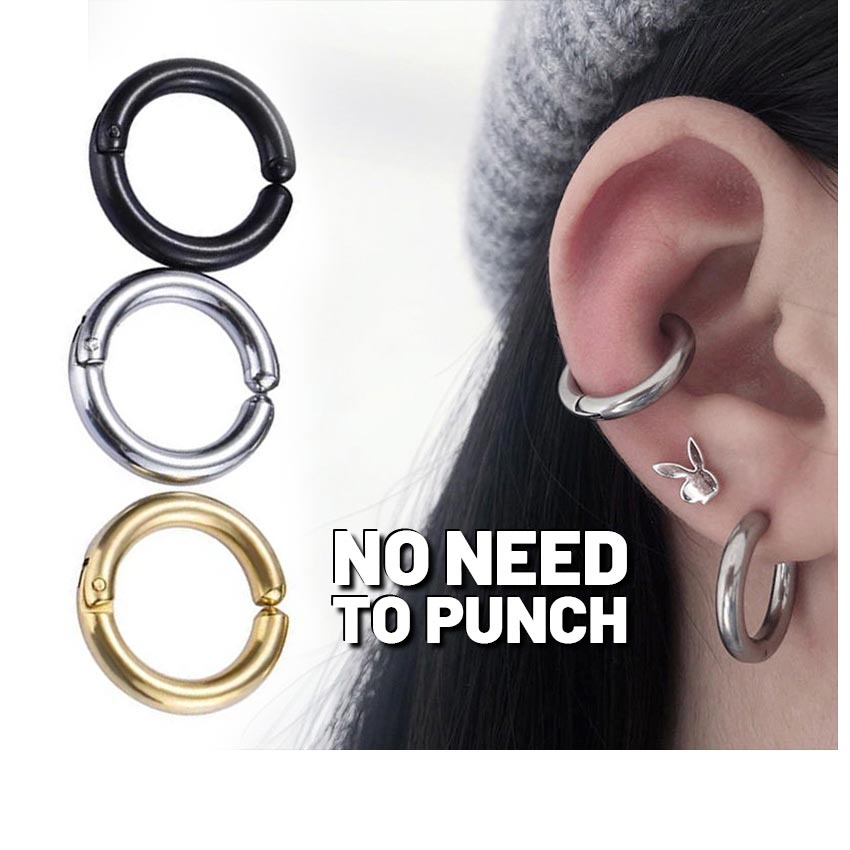 Anting Jepit Bulat Tanpa Tindik Fake Piercing Model Hoop Titanium Pria Wanita / Anting Hoop Jepit