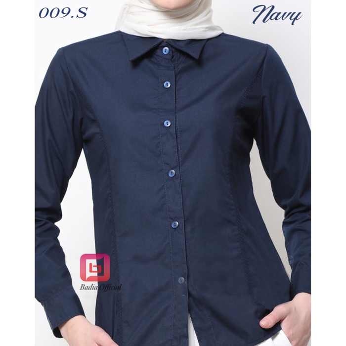 kemeja merah maroon abu tua biru dongker navy coklat susu polos wanita - Blue, S
