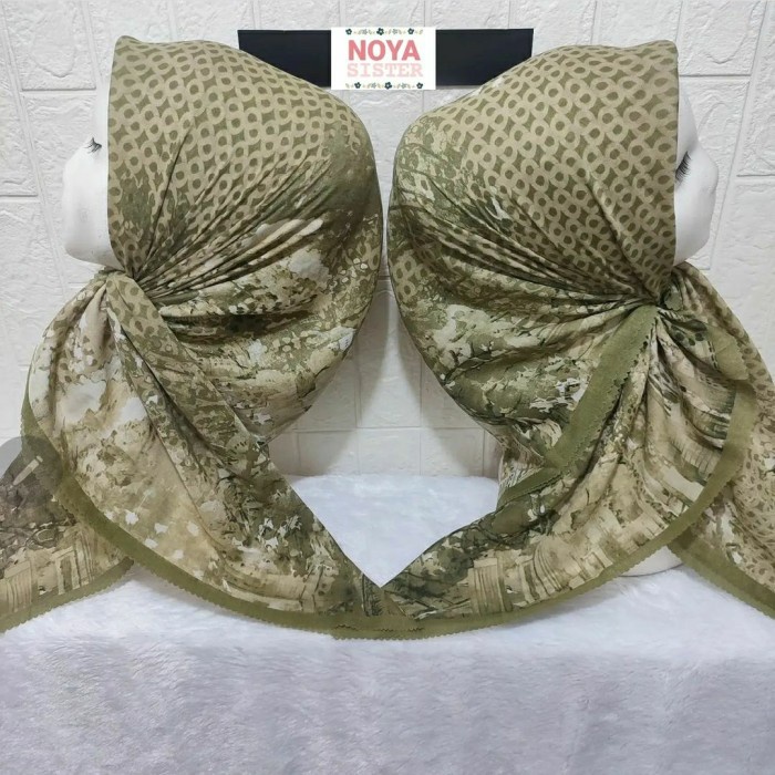 Hijab segiempat motif hijau sage jingga voal premium kerudung Lacercut