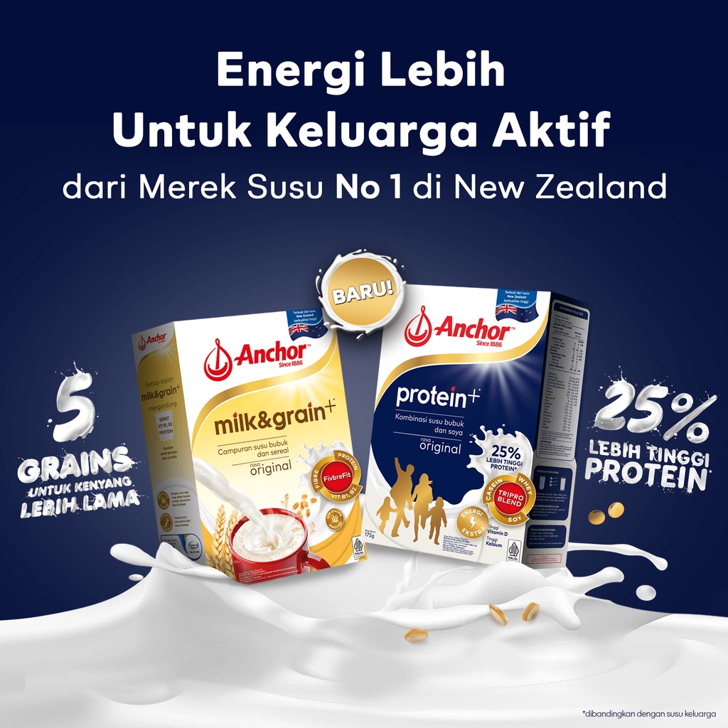 Anchor Milk Protein+ Susu Keluarga Original 175g x 2 - Susu Bubuk Tinggi Protein | Sarapan Breakfast