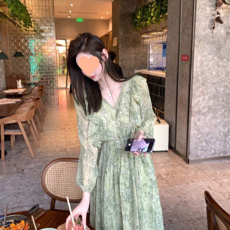 Midi Dress Rok Panjang Bawah Lutut Sebetis Lengan Panjang motif Bunga Abstrak Hijau Green - Dres Gau