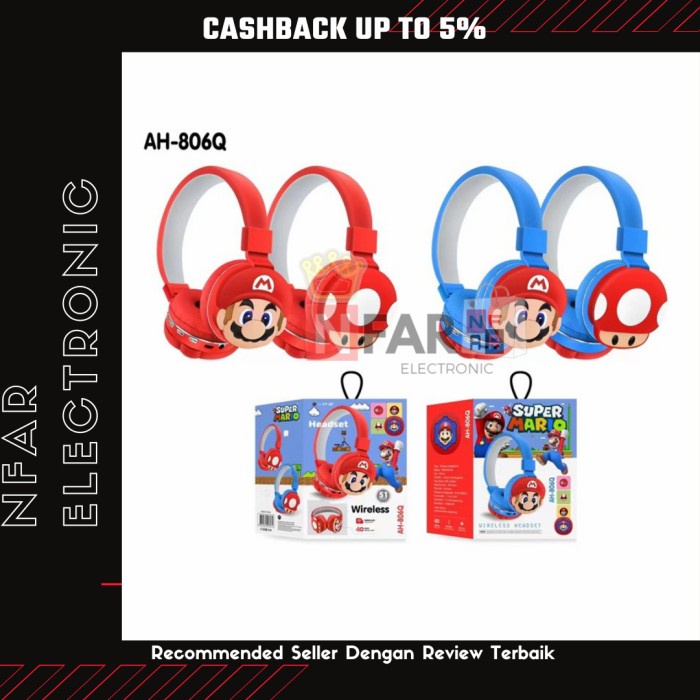 Headphone Bluetooth Anak Mario Headset Anak Laki-Laki Karakter Kartun - Biru