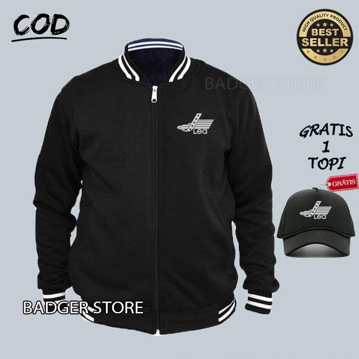 Free Topi... Jaket Zipper Varsity Distro LEA Text Silver Premium Jaket Sweater Hodie Pria Wanita Dis