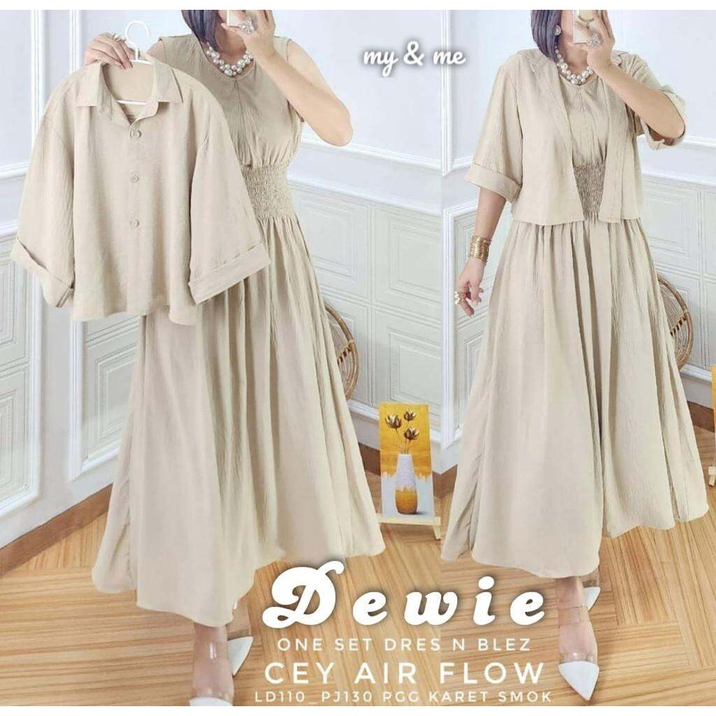 FREE ONGKIR DEWIE ONE SET CRINKLE AIRFLOW - DRESS GAUN WANITA OUTER CARDIGAN - BLOUSE ADEM BAHAN