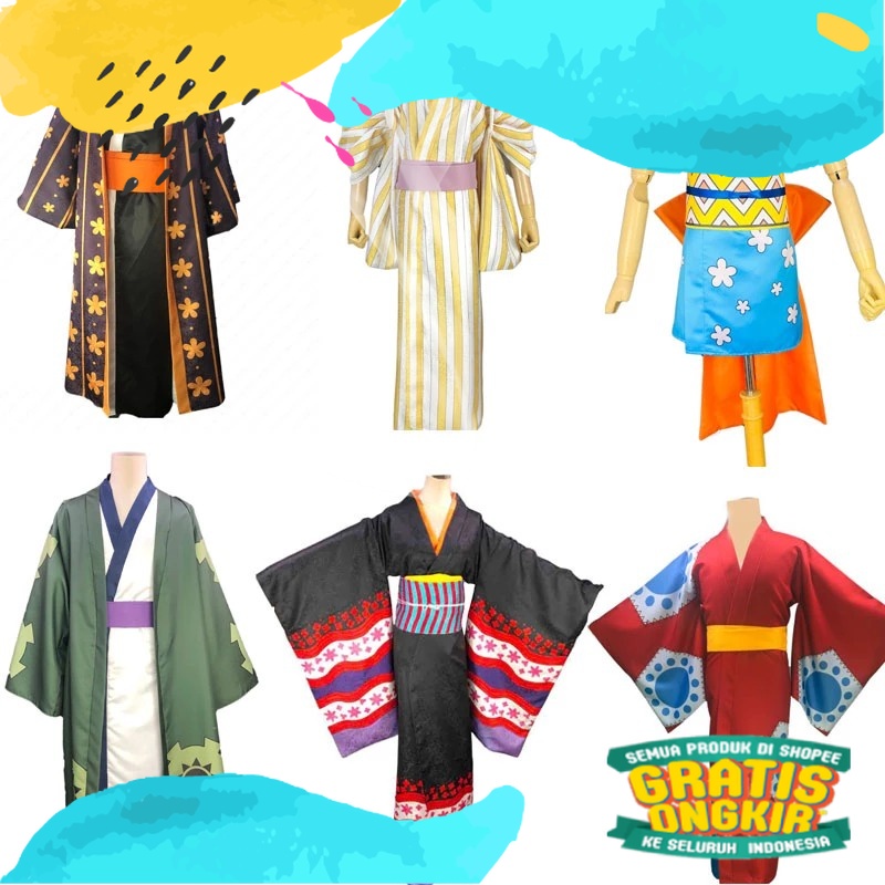 Haori Baju Cosplay Kimono Jubah Anime One Piece Luffy Zoro Law Sanji Nami Wano Arc/Blue