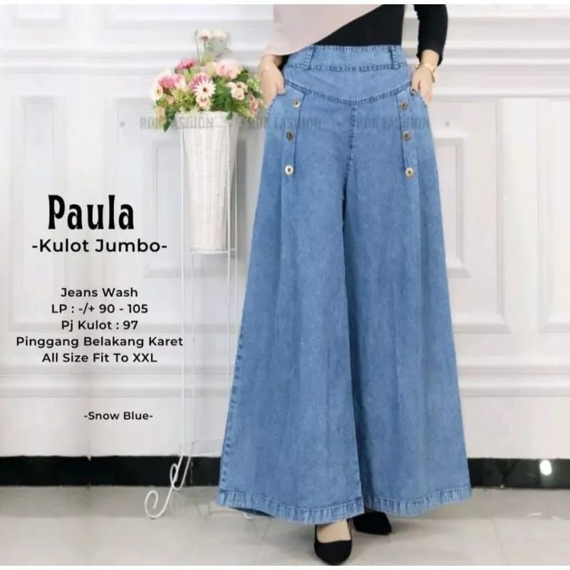 celana kulot jeans kulot paula polos jumbo full karet pinggang saku jeans premium