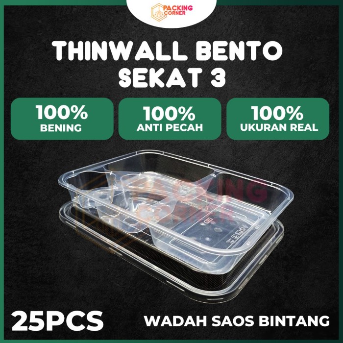 THINWALL BENTO STAR SEKAT 3 FOOD CONTAINER MICROWAVE BOX NASI PLASTIK - SAOS STAR-25PC