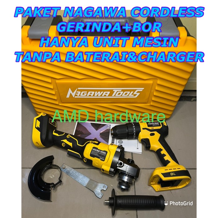 PAKET CORDLESS GERINDA + MESIN BOR IMPACT TEMBOK NAGAWA NCK1010 BATERE - UNIT MESIN SAJA