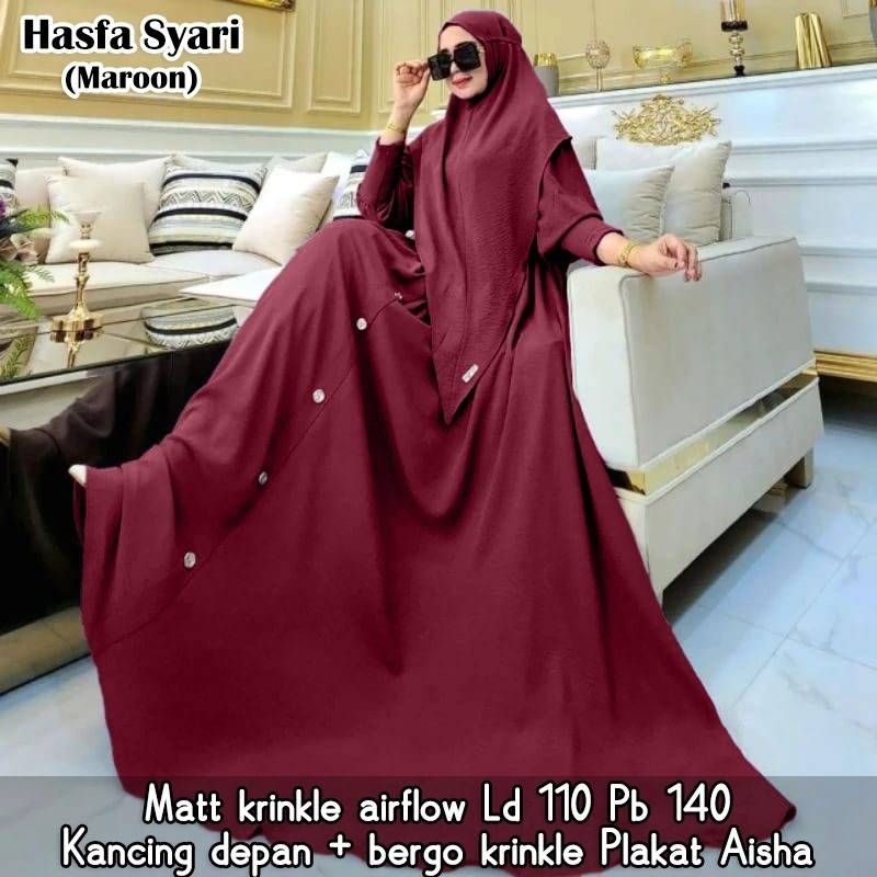 Cod Hasfa syari/gamis polos/gamis set hijab/gamis plus kerudung/gamis murah/gamis kringkle/gamis ade
