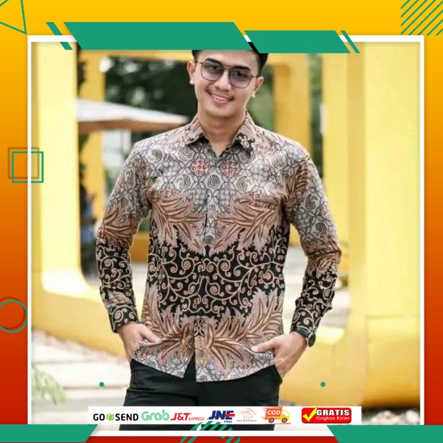 BAJU BATIK PRIA KEREN MODEL BARU /Batik pria coklat kemeja cowok lengan panjang m l xl xxl terlaris 