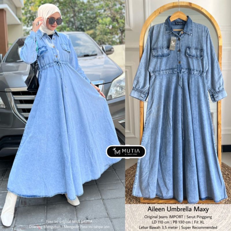 BAJU WANITA TERLARIS VIRAL AILEEN UMBRELLA MAXY (DRESS JEANS IMPORT JUMBO) ORI MUTIA