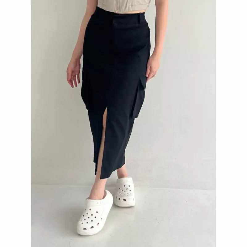 Yuka Rok Belah Cargo Twill Skirt Wanita Korean Style | Rok belah tengah & rok serut Model Kargo skir