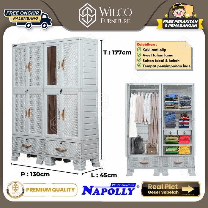 Lemari Pakaian Napolly Cabro 466 / Lemari Baju Plastik 4 Pintu - Dus