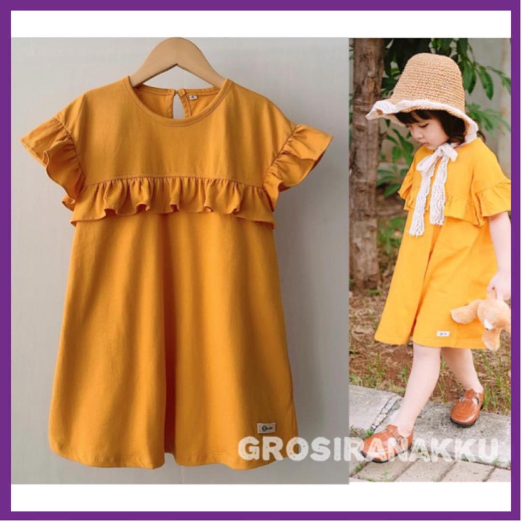 Dress Anak Perempuan OOTD Baju Kaos Anak Cewek Lucu Murah Rufel Polos  Warna Kuning Kunyit Kekinian 