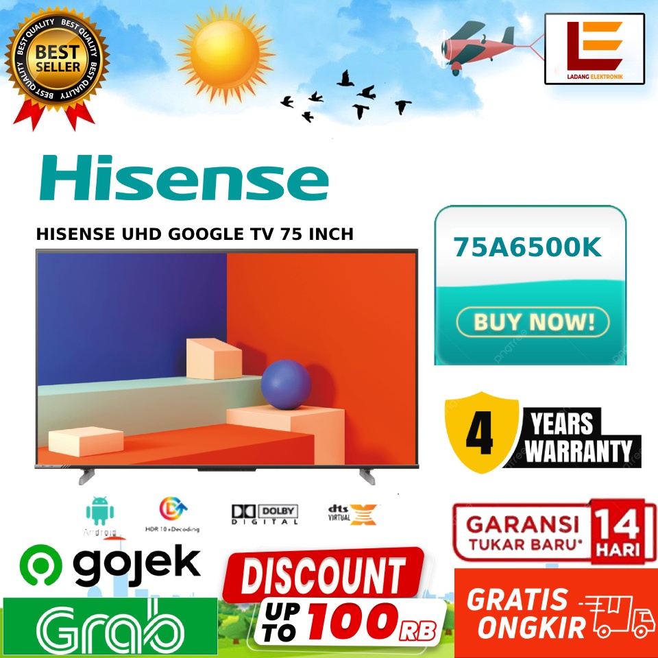 Hisense 75 Inch Smart TV Google TV Bezeless Design UHD/4K TV - 75A6500K