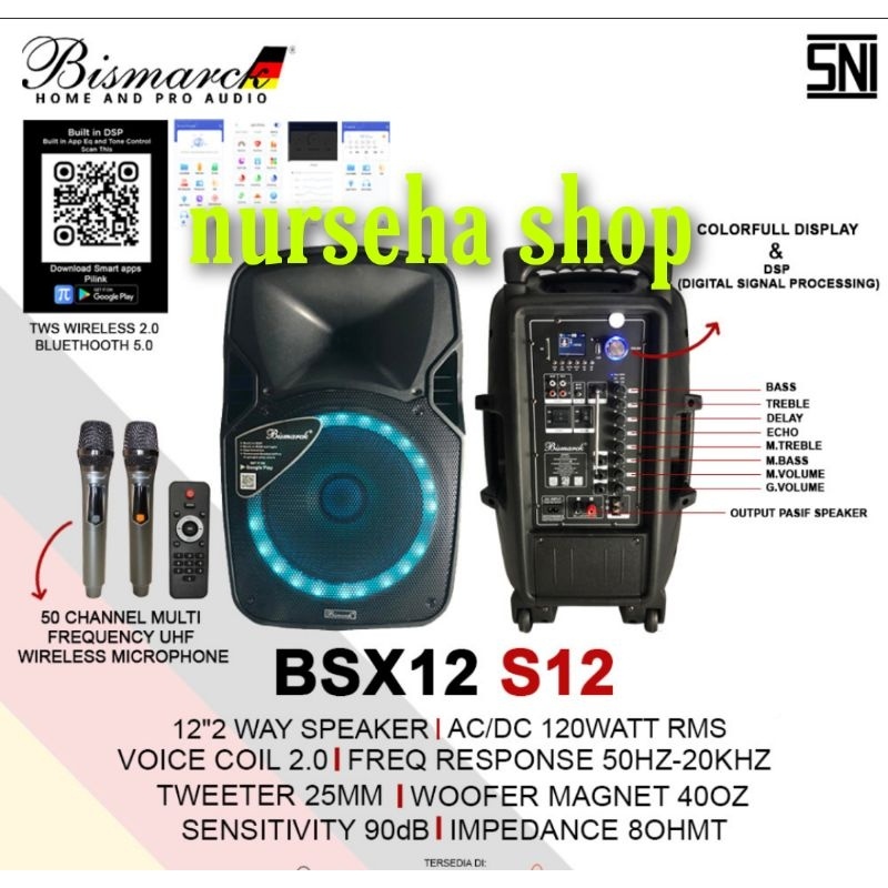 Speaker aktif portable karaoke bluetooth BISMARCK BSX12 S12 ( 12 inch ) ORIGINAL GARANSI RESMI