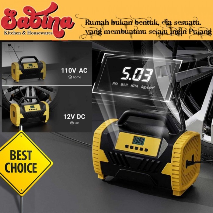 Pompa Ban Angin Elektrik Digital Dual Power AC DC EU Lighter Plug 120W